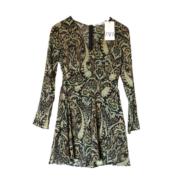 Zara Dresses & Skirts - Zara Boho Paisley Long Sleeve Print Fit & Flare Mini Dress V Neck Size M‎ NWT